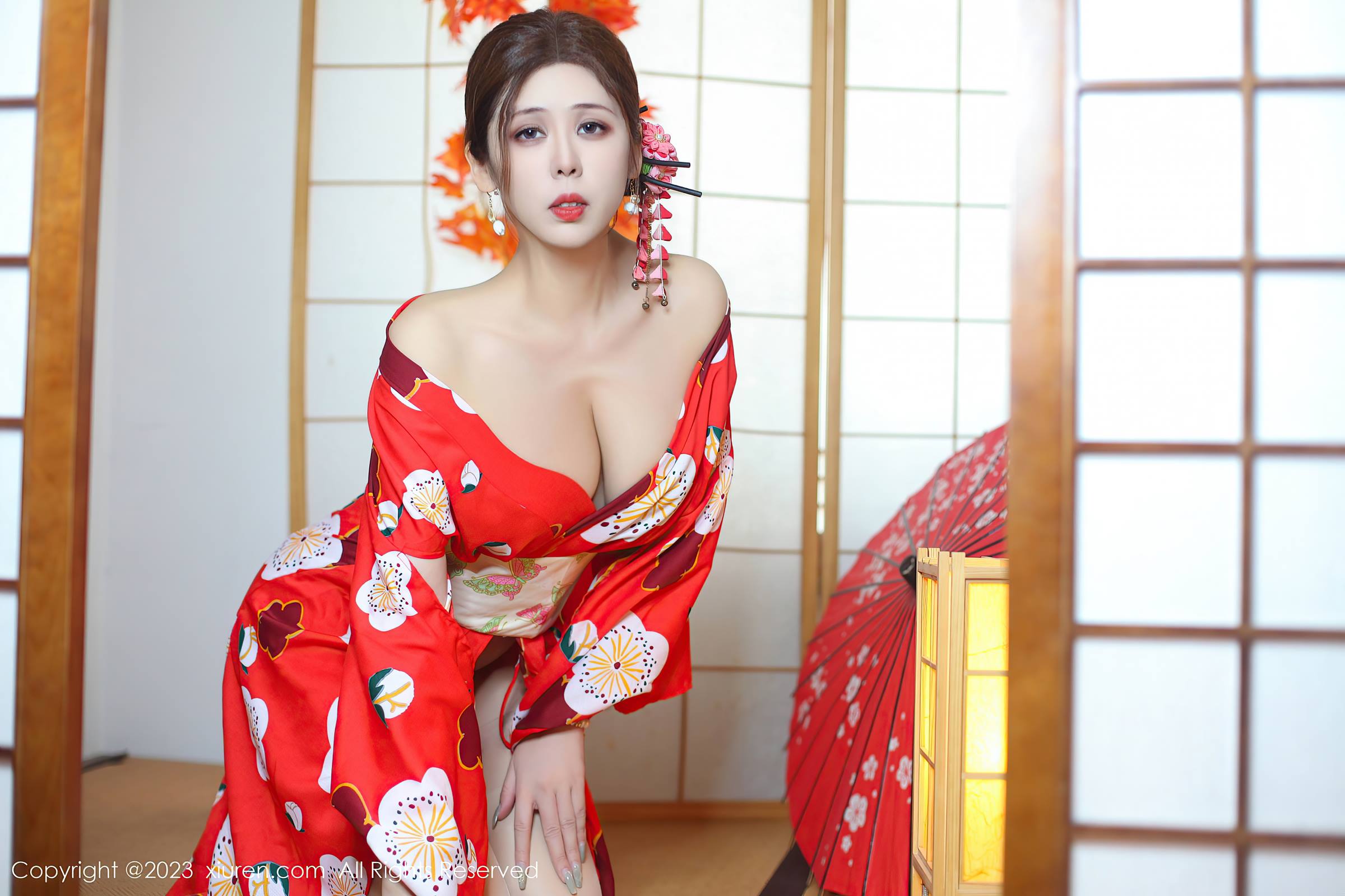 图片[2]-[Xiuren秀人网]2023.11.29 NO.7736 月野兔美妞 红色肉丝和服 [9+1P]-萌味圈